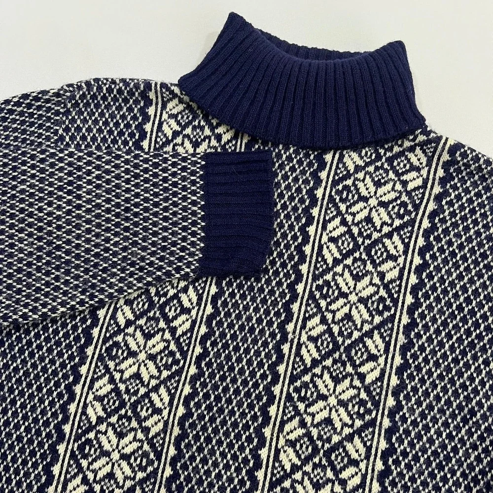 Vtg Alps Knitmeister Fair Isle Sweater Mens‎ L Navy White Snowflake Turtleneck